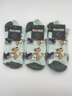 Hello Socks Womens Light Green Low-Cut Socks with Cat Shopping Cart 3 Pair Nwt
